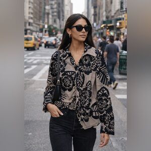 Joseph Ribkoff Black and Tan Floral Blouse